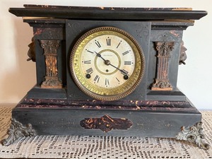 Antique Seth Thomas Mantel Clock Black Faux Marble Case 11in Tall