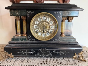 Antique ST American Mantel Clock Black Case Lion Handles 12in Tall