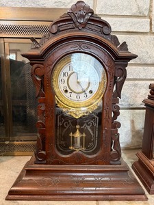 Antique Waterbury Gingerbread Mantel Clock w Pendulum 21in