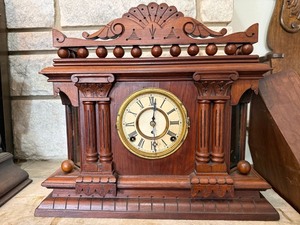 Antique Victorian Gingerbread Mantel Clock Wood Case w Pendulum