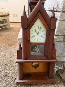 Vintage Gothic Chapel Form Wooden Mantel Clock Pendulum Untested