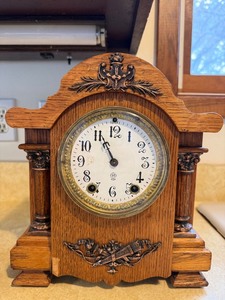 Antique Oak Gingerbread Mantel Clock w Pendulum & Gong 10in Tall
