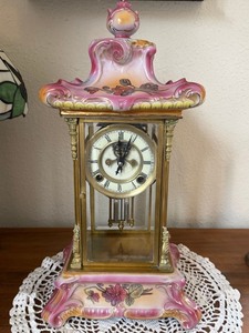 Antique Porcelain & Brass Mantel Clock Pink Floral Glass Sides