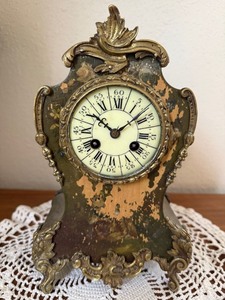 Antique Painted Wood Mantel Clock w Gilt Metal Mounts, Unattributed