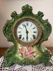 Antique Ansonia WACO Green Porcelain Mantel Clock Floral Case