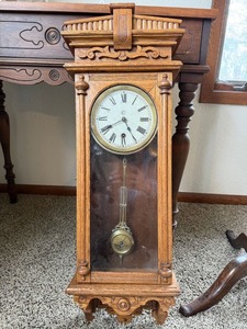 Waterbury Halifax 8 Day Oak Wall Clock Antique w Key Pendulum