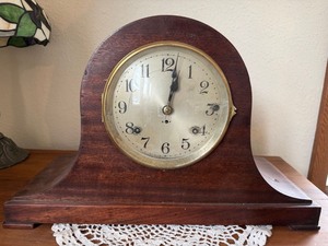 Vintage German Tambour Mantel Clock Wood Case Mechanical Strike