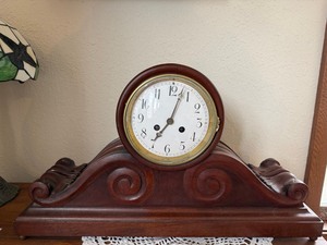 Antique German Tambour Mantel Clock Wood Case w Pendulum