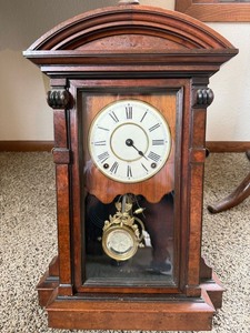 Antique Wooden Mantel Clock Roman Dial Pendulum 21in Untested