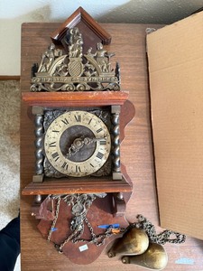 Vintage Dutch Style Wall Clock w Brass Weights Chains Wood Case