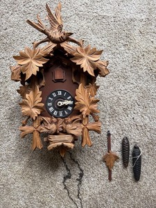 Vintage German Carved Wood Cuckoo Clock w Weights Pendulum, As Is