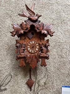 German Carved Wood Cuckoo Wall Clock w Squirrels Pendulum (As-Is) - Untested