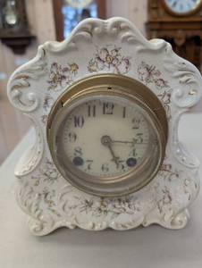 Porcelain Mantel Clock With Floral Crackle Glaze - Brass Bezel - 2-Wind Movement