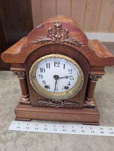 Antique Carved Wooden Mantel Clock - Brass Bezel & Glass Dial