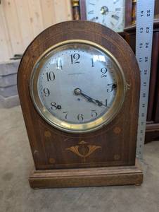 Henry Birks & Sons Mantel Clock - Oak Case, Brass Bezel, Floral Inlay