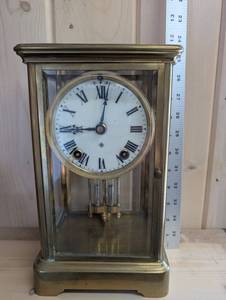Ansonia Mantel Clock - Brass & Glass Case, 8-Day TimeStrike, Enamel Dial