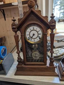 F. Kroehler, New York Antique Gothic-Arch Mantel Clock with Glass Door & Pendulum
