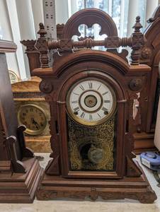Antique Ornate Carved Oak Mantel Clock with Brass Bezel and Pendulum
