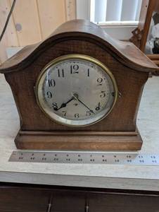 Antique Wooden Mantel Clock with Brass Bezel - Wind-Up Movement, Made in USA