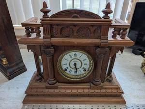 Seth Thomas Mantel Clock - Ornate Carved Oak Case, Brass Bezel & Roman Dial