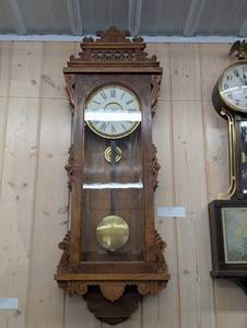 Ansonia Queen 1900 Wall Clock - Ornate Carved Oak Case with Pendulum