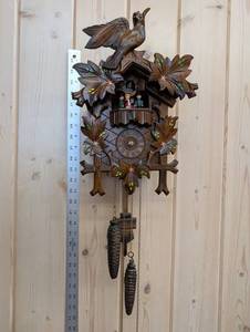 German Carved Leaf Cuckoo Clock with Bird, Pinecone Weights, 2-Weight Movement