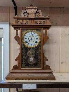 Welch 1885 Carved Wood Mantel Clock with Glass Panel and Pendulum