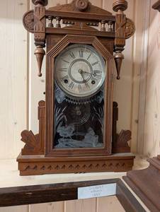 Gilbert Nucleus 1885 Clock - Antique Carved Wood Case w Etched Glass