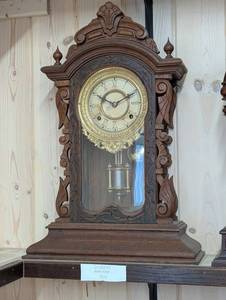 Gilbert Manitoba 1879 Late 19th Century Ansonia Carved Walnut Mantle Clock, with two-train movement, paper & brass dial & stencilled glass panel door