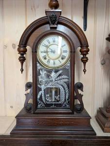 Antique Oak Mantel Clock with Etched Glass Panel and Pendulum