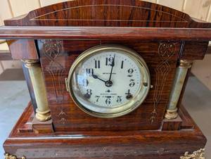 Seth Thomas Sonora Chimes Mantel Clock - Burl Wood Case, Brass Columns