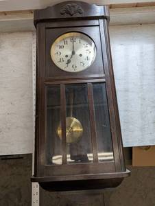 Antique Wall Regulator Clock with Brass Pendulum - Dark Walnut Cabinet