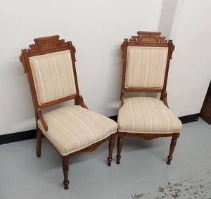 Pair of Victorian Eastlake Carved Upholstered Side Chairs Antique