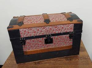 Vintage Dome Top Storage Trunk Floral Paper Red Lined, Good
