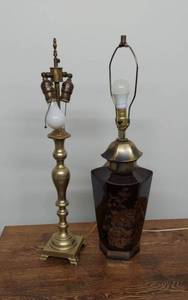 Vintage Brass Candlestick & Asian Motif Table Lamps Mismatched Pair