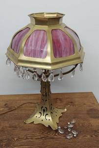 Art Nouveau Pink Slag Glass Table Lamp w Prism Drops 22in As-Is