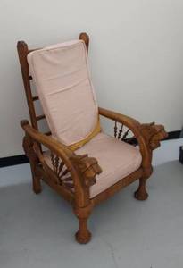 Antique Oak Adjustable Morris Chair with Carved Lion Arms