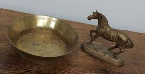 Vintage Brass Horse Figurine and Bowl Decorative Pair With Patina