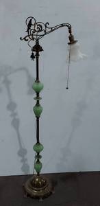 Vintage Brass-Tone Bridge Floor Lamp Green Hobnail Glass Pull Chain