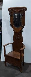 Antique Oak Hall Tree Bench Mirror Coat Umbrella Stand Seat