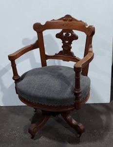 Victorian Eastlake Carved Wood Swivel Desk Chair w Casters Gray Seat