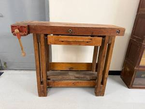 Vintage Wood Carpenter Workbench w Desmond-Stephan Vise Drawer