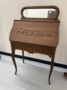 Antique Oak Secretary Desk Drop Front Mirror Cubbies 50in Tall