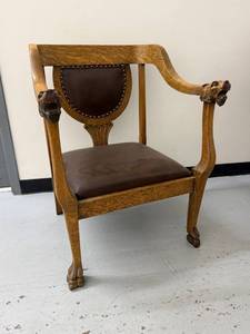 Vintage Carved Oak Lion Head Armchair Leather Seat Gothic Style