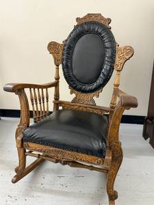 Antique Carved Oak Platform Rocking Chair Oval Back Black Upholstery