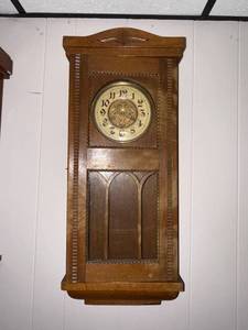 Antique Oak Wall Regulator Clock Brass Dial Glass Door 31in Tall