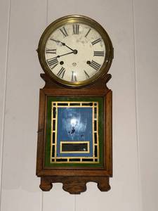 Antique Wall Regulator Clock Wood Case Roman Dial Painted Glass