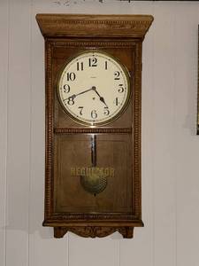 Waterbury Oak Wall Regulator Clock Carved Case Pendulum 36in