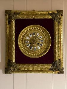 Vintage Korean Framed Wall Clock Ornate Gilt Roman Dial 20in