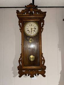 Antique Carved Oak Wall Regulator Clock w Pendulum 2-Wind Case